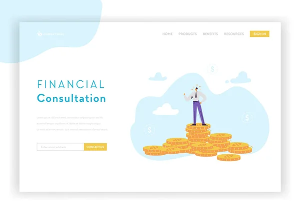 Plantilla de Landing Page de Estrategia de Consulta Financiera. Flat Businessman Caracter Saving Money Banner for Website or Web Page. Ganancia, carrera, salario. Ilustración vectorial — Vector de stock