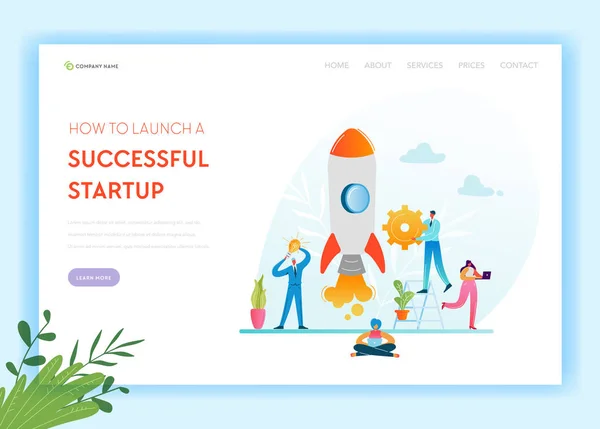 Business Startup Landing Sivun malli. Investointi, Ura Boost ja strategia Banner Business People Characters käynnistää Rocket. Tiimityö Innovation Web Page. Vektoriesimerkki — vektorikuva