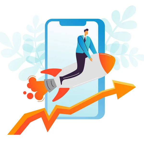 Businessman Flying on a Rocket. Business Mobile Startup, Career Boost, Web Technology Concept. Office Worker Character with Smartphone. Vector illustration — Stock Vector