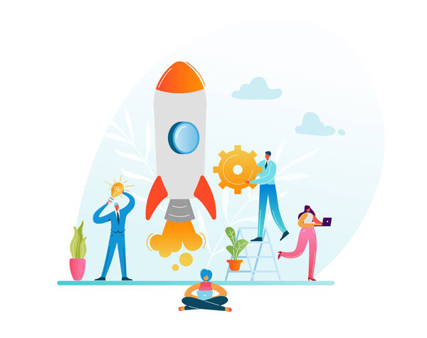Startup Business Project Innovation Concept. Business Characters Launching Rocket. Modern Technology Teamwork Management and Innovation Idea with People. Vector illustration