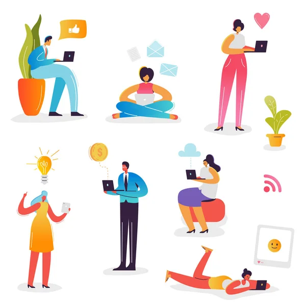 Réseau de médias sociaux Concept. Personnages utilisant des gadgets mobiles Smartphone, ordinateur portable, tablette pour la communication en ligne. Homme et femme bavardant sur Internet. Illustration vectorielle — Image vectorielle