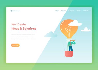 Yaratıcı fikir ve açılış sayfası şablonu iş çözümleri. Beyin fırtınası ve yenilik konsepti ile işadamı karakter ve Web sayfası ve Web için ampul. Vektör çizim