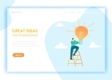 Yaratıcı fikir ve açılış sayfası şablonu iş çözümleri. Beyin fırtınası ve yenilik konsepti ile işadamı karakter ve Web sayfası ve Web için ampul. Vektör çizim
