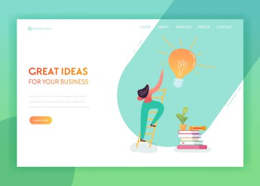 Yaratıcı fikir ve açılış sayfası şablonu iş çözümleri. Beyin fırtınası ve İnovasyon kavramı iş kadın karakteri ve Web sayfası ve Web için ampul. Vektör çizim
