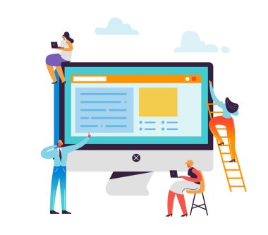 Web sitesi geliştirme kavramı. Web geliştiriciler karakter App tasarımı oluşturma. Birlikte bilgisayarda çalışan kadın ve erkek. Vektör çizim