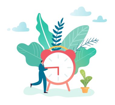 Zaman yönetimi iş süreç optimizasyonu kavramı. İşadamı ve çalar saat. Karakter verimlilik, verimlilik, iş oranı. Vektör çizim