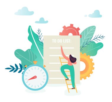 İş kadını kontrol listesi ile. Kadın karakter için yapılacaklar listesi ile çalışma. Planlama, proje yönetimi, beyin fırtınası. Vektör çizim