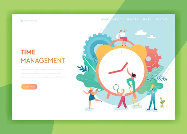 Timemanagement, Planning, Teamwork Landing pagina sjabloon. Business strategie Concept met tekens Team werkende Website of webpagina. Gemakkelijk te bewerken. Vectorillustratie — Stockvector