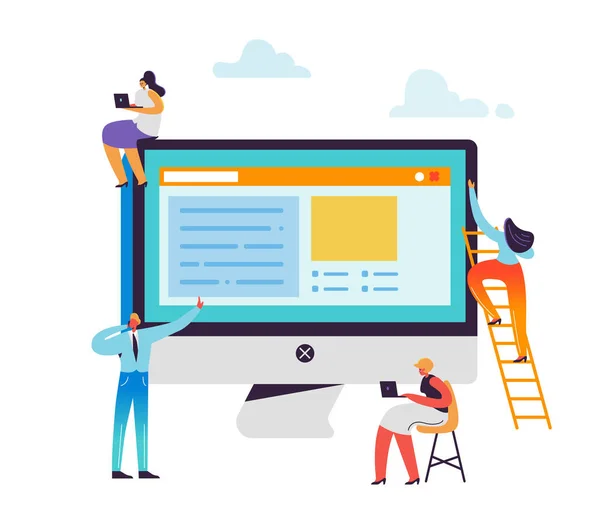 ウェブサイト開発コンセプト。Web 開発者の文字アプリ設計を作成します。男と女一緒にコンピューターに取り組んでいます。ベクトル図 — ストックベクタ
