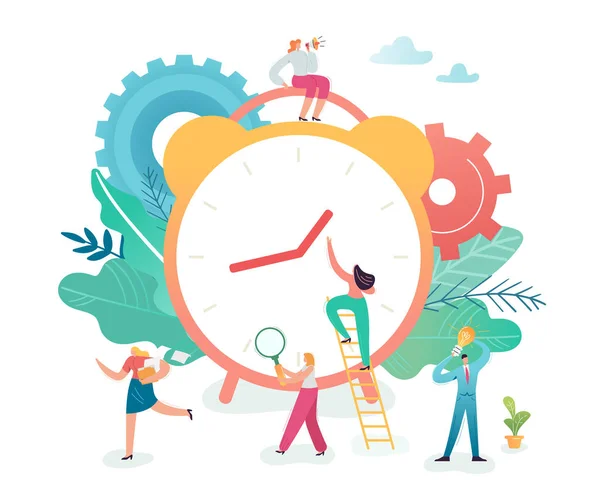 時間管理ビジネス プロセス最適化の概念 ビジネスの人々 目覚まし時計の周りの作業します 文字のチームの仕事です ベクトル図 — ストックベクタ