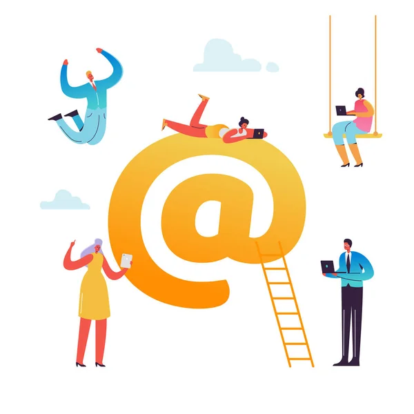 E-posta, sosyal medya, sanal iletişim kavramı. E-posta göndermek için hareket eden aygıt kullanarak karakter. Online reklam. Vektör çizim — Stok Vektör
