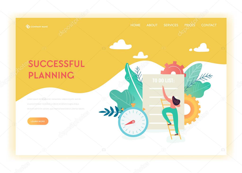 Business Planning and Strategy Landing Page Template. Busibess Woman with Checklist for Web Page or Website. Scheduling, Time Management. Easy Edit and Customize. Vector illustration
