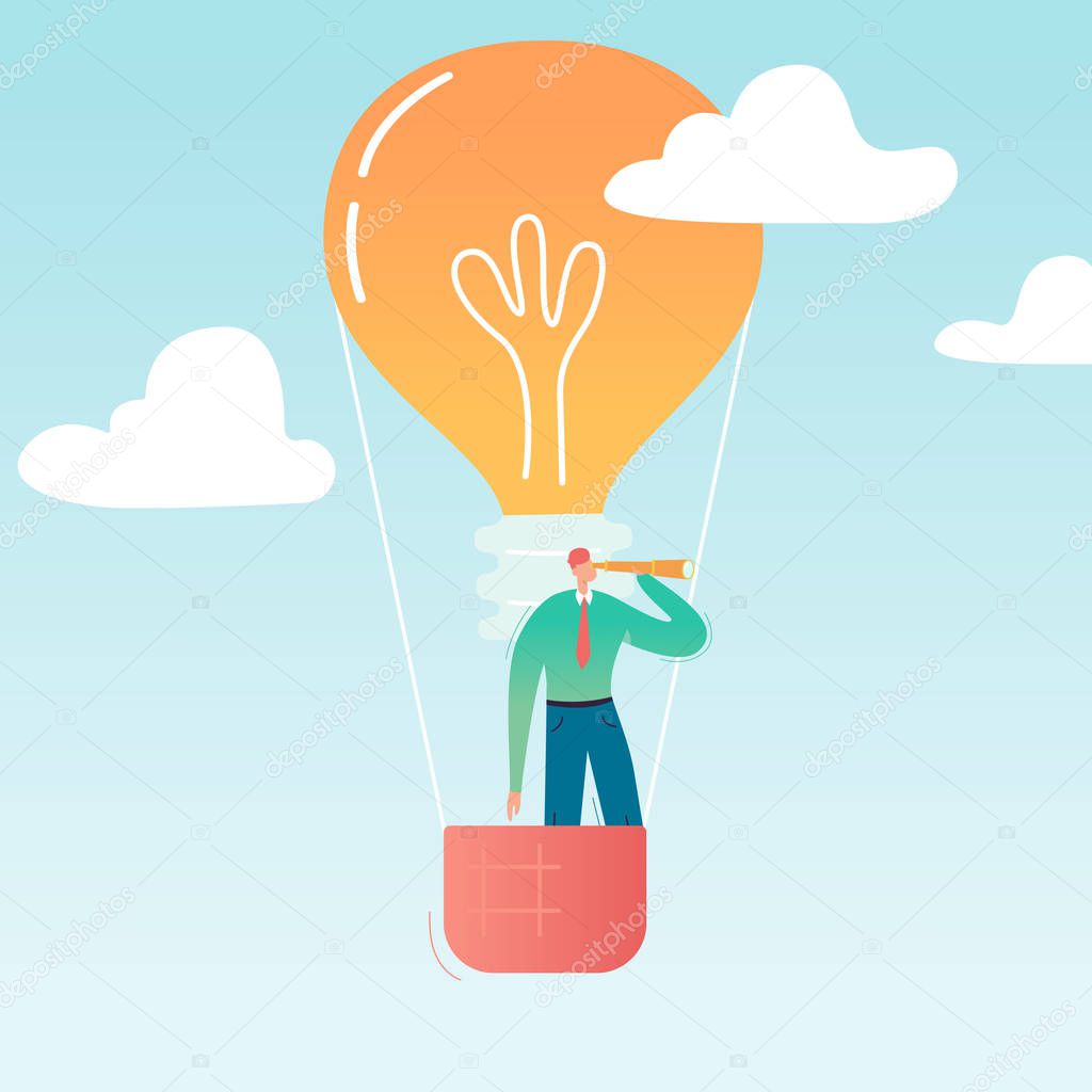Businessman Flying on Air Balloon with Light Bulb. Male Character Looking through spyglass in search of creative idea. Business Vision Concept. Vector illustration