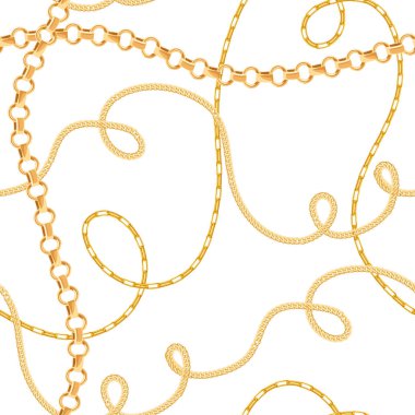 Altın Bileklikler Seamless modeli. Moda altın bağlantıları arka plan. Kumaş tasarımı için tekstil, mücevher zinciri ile duvar kağıdı. Vektör çizim