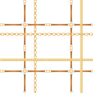 Zincirleri ve kemer Seamless modeli. Altın zincir ve deri kayışı için kumaş, tekstil, moda arka plan duvar kağıdı. Vektör çizim