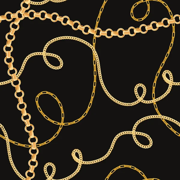 Guldkedjor sömlösa mönster. Mode bakgrunden av guld länkar. Tyg Design med smycken kedja för textil, tapet. Vektorillustration — Stock vektor