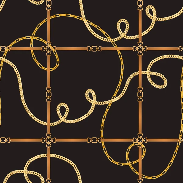 Mode naadloze patroon met riemen en gouden kettingen. Stof Design achtergrond met ketting, metalen accessoires en sieraden voor Wallpapers, Prints. Vectorillustratie — Stockvector