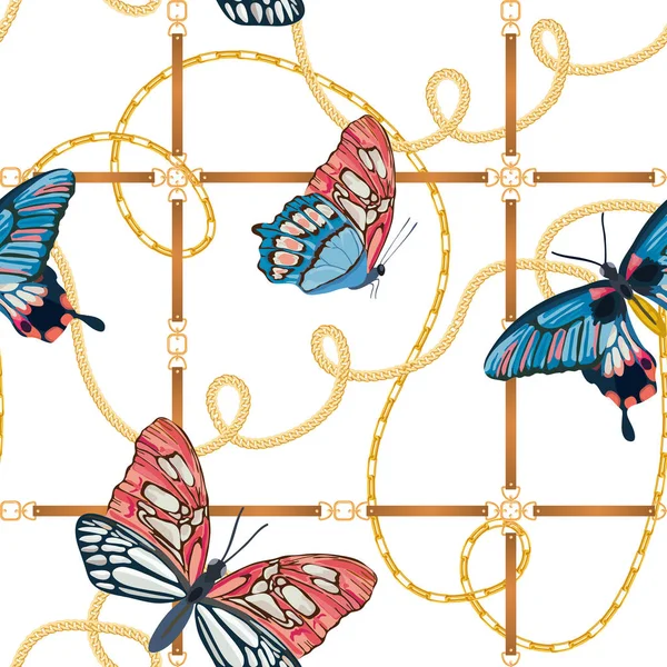 Złote łańcuchy i motyle Seamless Pattern. Mody tło z Gold linki z motyl. Projekt sieci szkieletowej z łańcucha biżuterię dla przemysłu włókienniczego, tapety. Ilustracja wektorowa — Wektor stockowy