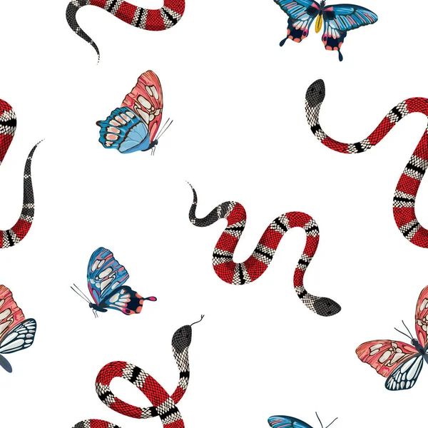 Serpenti di corallo e farfalle tropicali senza soluzione di continuità Pattern. Sfondo moda serpente per tessuto, stampe, carta da parati. Natura della fauna selvatica animale texture ornamentale. Illustrazione vettoriale — Vettoriale Stock