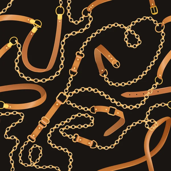 Módní vzor bezešvé s zlatými řetězy a řemeny. Fabric provedení pozadí s řetízkem, kovové doplňky a šperky pro tapety, tisk. Vektorové ilustrace — Stockový vektor