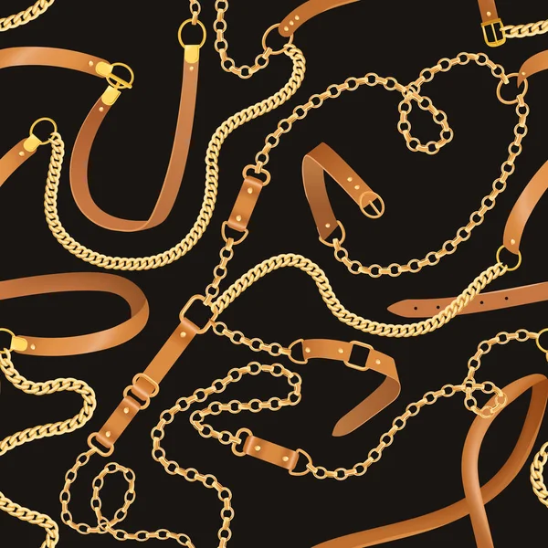 Módní vzor bezešvé s zlatými řetězy a řemeny. Fabric Design Módní pozadí s řetízkem a šperky pro tapety, tiskne. Vektorové ilustrace — Stockový vektor