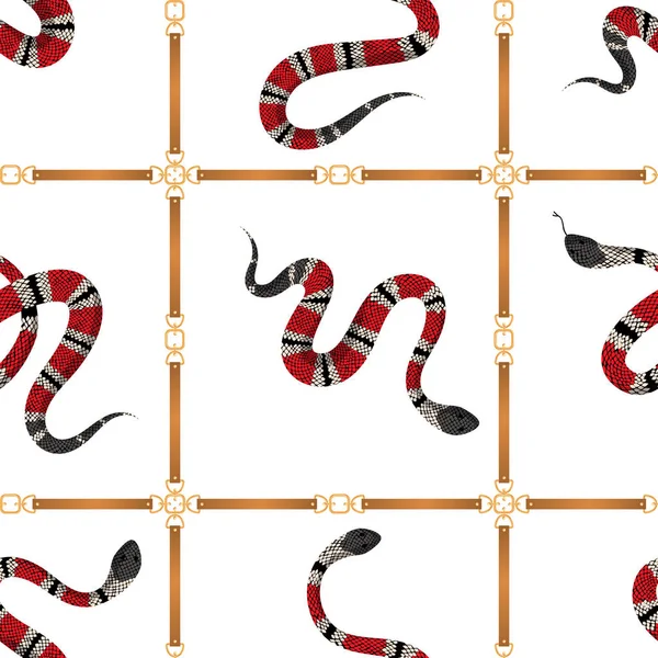 벨트와 열 대 뱀이 유행 완벽 한 패턴입니다. 패션 가죽 띠와 뱀 직물, 섬유, 벽지에 대 한 배경. 벡터 일러스트 레이 션 — 스톡 벡터