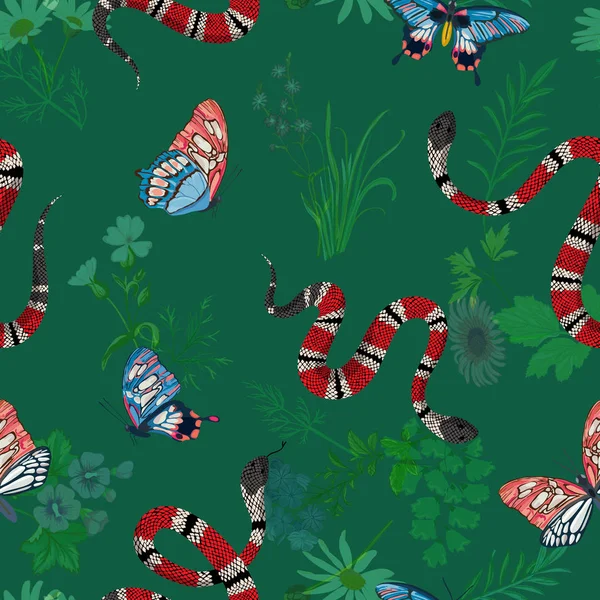 Coral hady a tropických motýlů vzor bezešvé. Snake módní pozadí pro textilie, tisky, tapety. Zvířecí divoké přírody okrasné textura. Vektorové ilustrace — Stockový vektor