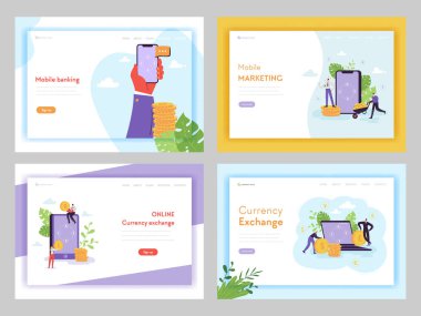 Online bankacılık mobil pazarlama açılış sayfası şablonu. Döviz Alım Satım finans teknolojileri kavramı karakterleri ve Web sitesi veya Web sayfası için para ile. Vektör çizim