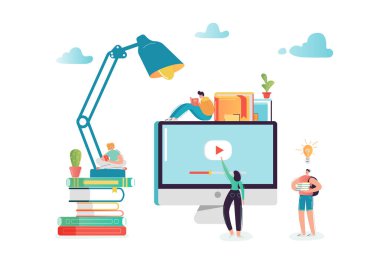 Öğrencileri ile online eğitim kavramı karakterler Webinar öğrenme. E-öğrenme teknolojisi, Internet Kütüphane, mezuniyet, eğitim kursları. Vektör çizim