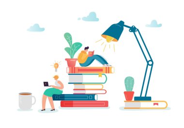 Erkek ve kadın karakter kitap okuma. Kitap yığını üzerinde oturan düz insanlar. Eğitim, Kütüphane edebiyat kavramı ile öğrencilerin öğrenme. Vektör çizim