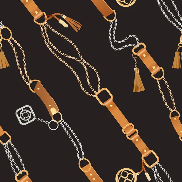 Patrón de moda sin costuras con cadenas y correas doradas. Cadena, trenza y joyería Accesorios Fondo para Diseño de Tela, Textil, Papel pintado. Ilustración vectorial — Vector de stock