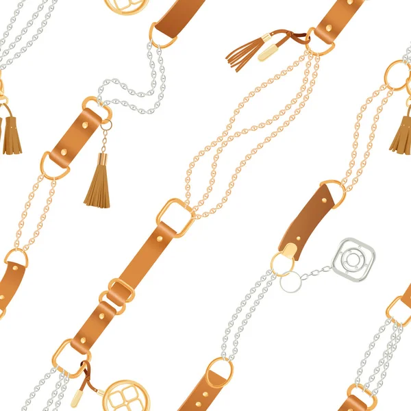 Mode naadloze patroon met gouden kettingen en riemen. Keten, vlecht en sieraden accessoires achtergrond voor stof Design, textiel, behang. Vectorillustratie — Stockvector