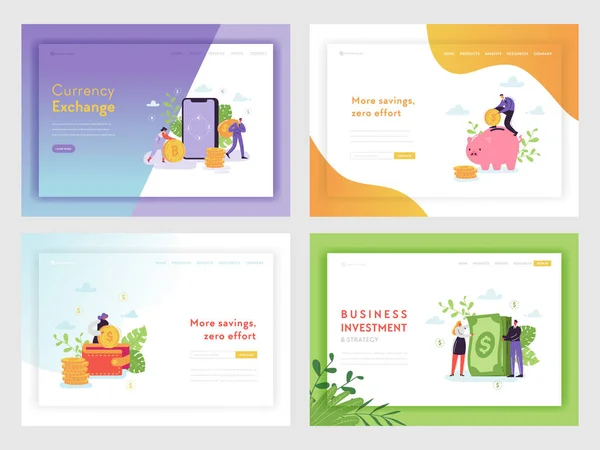 Investimento Financeiro Business Sucesso Landing Page Template. Poupança, Conceito de Câmbio de Moedas com Personagens e Dinheiro para Site ou Página Web. Ilustração vetorial —  Vetores de Stock