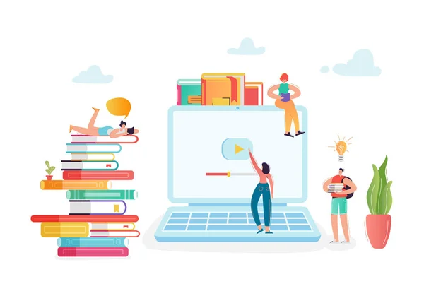 Online vzdělávací koncepce se studenty znaky učení o Webinar. E-learningové technologie, internetové knihovny, promoce, školení. Vektorové ilustrace — Stockový vektor