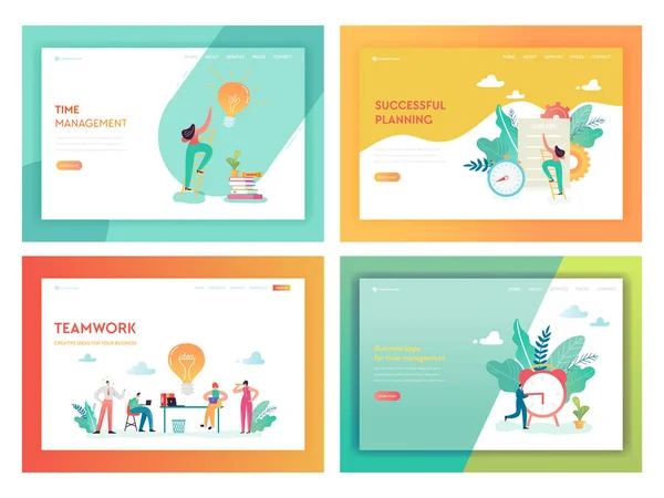 Teamwork timemanagement Landing pagina sjabloon. Business Planning strategie Concept met tekens bezig met creatief idee voor een Website of webpagina. Vectorillustratie — Stockvector