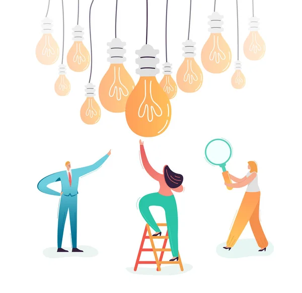 Personaggi aziendali alla ricerca di idee creative. Lavoro di squadra Innovations Concept. Processo di brainstorming con uomini d'affari e lampadina. Illustrazione vettoriale — Vettoriale Stock