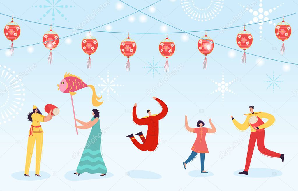 Chinese Lunar New Year People dancing, happy dancer in china traditional costume holding lanterns and drums on parade or carnival, characters in cartoon style vector illustration