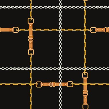 Moda altın zincirler ve kemerler ile Seamless modeli. Zinciri, örgü ve takı öğeleri için kumaş tasarım, tekstil, duvar kağıdı arka plan. Vektör çizim