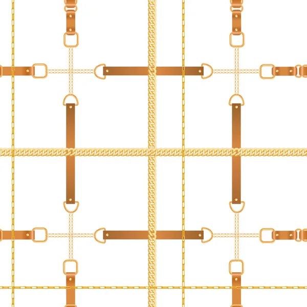 Modèle sans couture de mode avec des chaînes et des sangles dorées. Chaîne, Tresse et éléments de bijoux Arrière-plan pour la conception de tissu, Textile, Fond d'écran. Illustration vectorielle — Image vectorielle