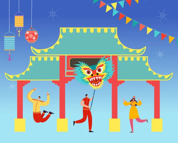 中国农历新年人们拿着龙。舞狮角色在游行或狂欢节上穿着中国传统服装。向量例证 — 图库矢量图片