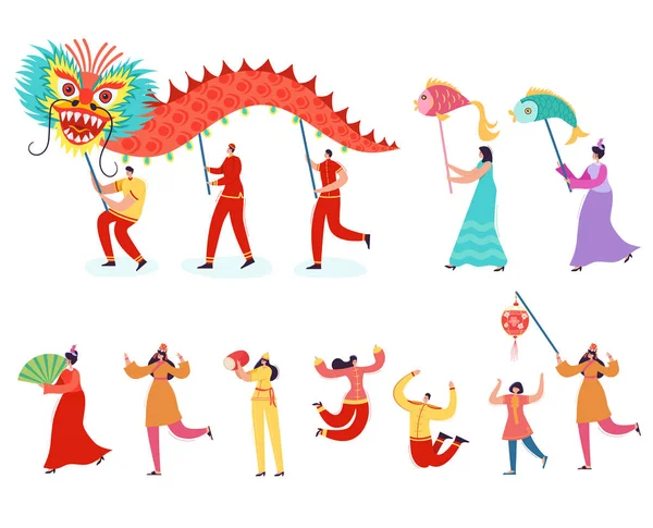 Ano Novo Lunar Chinês Pessoas segurando Dragão. Leão dança mulheres e homens personagens vestindo china traje tradicional em desfile ou carnaval. Ilustração vetorial — Vetor de Stock