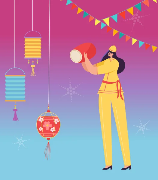 Donna cinese batterista che celebra il capodanno lunare. Leone Dragon danza personaggio donna indossando costume tradizionale della Cina sulla sfilata o carnevale. Illustrazione vettoriale — Vettoriale Stock