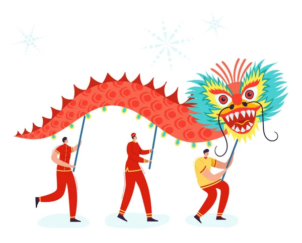 Capodanno lunare cinese Persone che tengono Dragon, indossando costume tradizionale della Cina in parata o carnevale. Personaggi in stile cartone animato illustrazione vettoriale — Vettoriale Stock