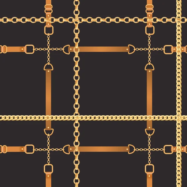 Mody wzór z złote łańcuchy. Tkanina wzór tła z łańcucha, metalowe akcesoria i biżuteria dla Tapety, odbitki. Ilustracja wektorowa — Wektor stockowy