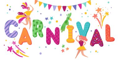 Brezilya karnaval Festival afiş karakterler kadın geleneksel kostümleri dans ile. Brezilya Samba Dansçılar Rio de Janeiro. Vektör çizim