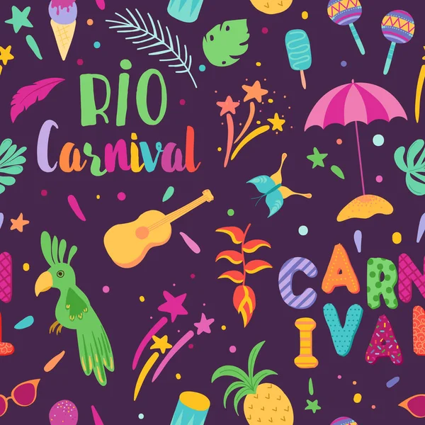 Patrón sin costura de carnaval brasileño. Brasil Samba Carnaval Antecedentes con elementos tucanes y tropicales. Festival de Río de Janeiro. Ilustración vectorial — Vector de stock