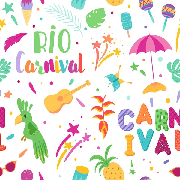 Brasiliansk karneval, sømløst mønster. Brasil Samba Carnival Background med Toucan og Tropical Elements. Rio de Janeiro-festivalen. Vektorillustrasjon – stockvektor