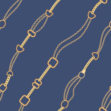 Altın Bileklikler moda dikişsiz desen. Altın zincir ile kumaş arka plan. Lüks tasarım takı öğeleri ile Tekstil için duvar kağıdı. Vektör çizim