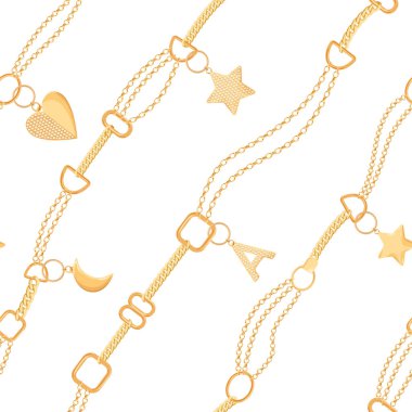 Altın zincirler ve takılar Seamless modeli. Altın, değerli taşlar ve takı öğeleri için duvar kağıdı, baskı ile moda kumaş arka plan. Vektör çizim