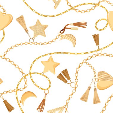 Altın zincirler ve takılar elmas Seamless modeli ile. Altın, değerli taşlar ve takı öğeleri için duvar kağıdı, baskı ile moda kumaş arka plan. Vektör çizim